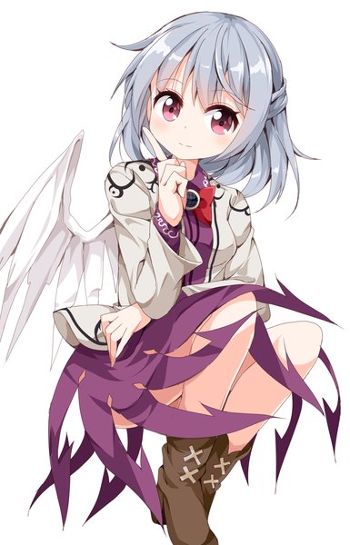 Anime picture 771x1200 with touhou kishin sagume ruu (tksymkw) single long hair tall image blush simple background white background looking away silver hair pink eyes light smile half updo single wing girl dress wings boots cardigan