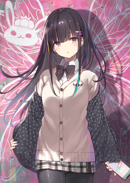 Anime picture 2894x4072 with original moe2019 nanananana single long hair tall image looking at viewer blush fringe highres open mouth black hair standing holding payot blunt bangs nail polish head tilt pink eyes multicolored hair