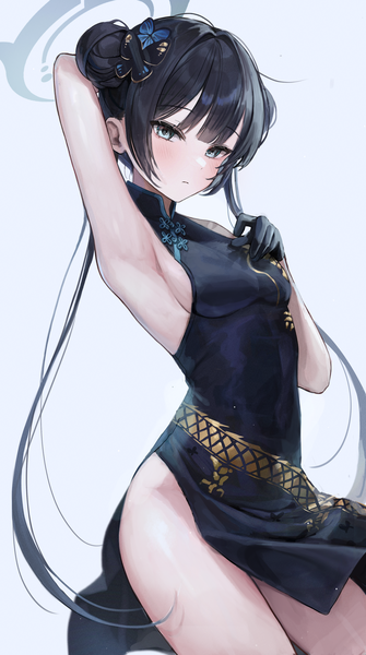 Anime picture 1955x3500 with blue archive kisaki (blue archive) myowa single long hair tall image looking at viewer blush fringe highres breasts blue eyes light erotic black hair simple background standing twintails blunt bangs traditional clothes arm up