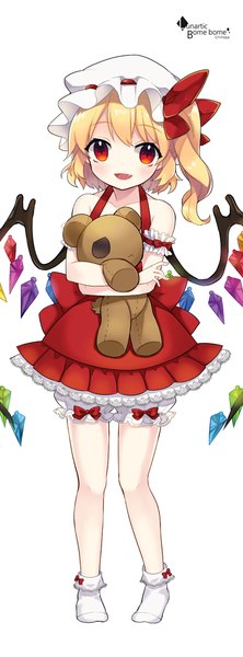 Anime picture 400x1081 with touhou flandre scarlet himaya single tall image looking at viewer blush short hair simple background blonde hair red eyes white background full body parted lips no shoes one side up adapted costume girl wings socks