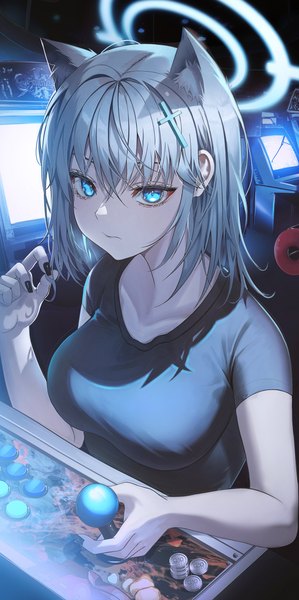 Anime picture 2043x4096 with blue archive shiroko (blue archive) noubin single tall image looking at viewer fringe highres short hair breasts blue eyes hair between eyes animal ears silver hair upper body indoors nail polish fingernails black nail polish extra ears