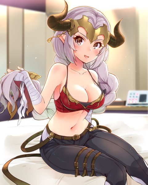 Anime picture 2000x2500 with granblue fantasy aliza (granblue fantasy) sarfata single long hair tall image looking at viewer blush highres breasts open mouth light erotic large breasts sitting bare shoulders brown eyes payot silver hair indoors braid (braids)