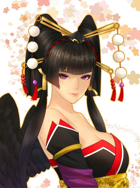 Anime-Bild 892x1200 mit dead or alive dead or alive 5 nyotengu x&x&x single long hair tall image looking at viewer black hair purple eyes bare shoulders traditional clothes japanese clothes girl hair ornament flower (flowers) wings kimono