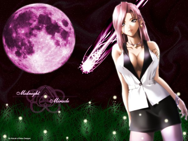 Anime picture 1024x768 with sodom no shima ijichi miho kazuki (minitokyo) nakamura nishiki single long hair looking at viewer breasts light erotic large breasts signed pink hair cleavage pink eyes night no bra night sky lipstick third-party edit makeup