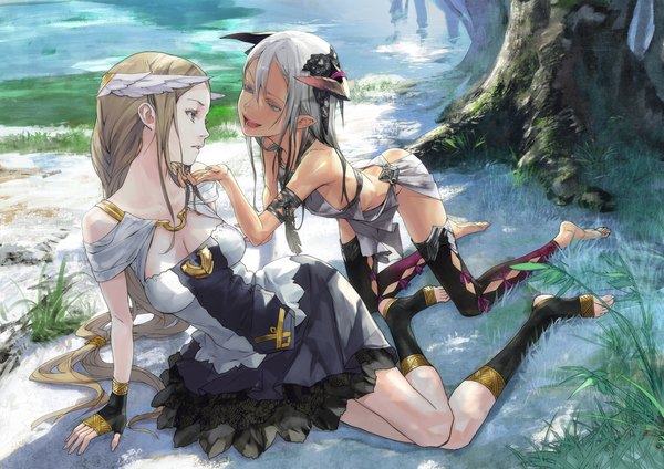 Anime picture 1450x1025 with original redjuice long hair fringe breasts open mouth light erotic brown hair sitting bare shoulders multiple girls cleavage nail polish barefoot horn (horns) grey hair arm support no shoes kneeling dark skin