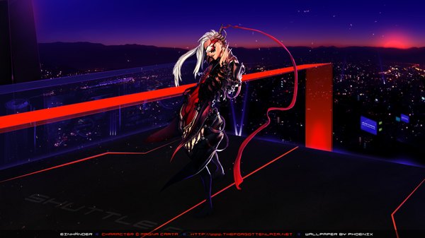 Anime picture 1920x1080 with magna carta kim hyung tae xredphoenix single long hair highres wide image white hair night city cityscape girl mask pilot suit