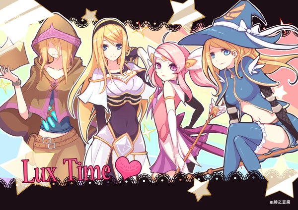 Anime picture 1500x1061 with league of legends lux (league of legends) star guardian lux beanbean1988 long hair looking at viewer fringe breasts blue eyes blonde hair sitting pink hair pink eyes light smile multiple persona navel hat book (books) hood witch hat