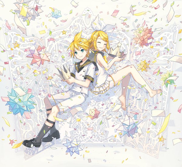 Anime picture 2000x1835 with vocaloid kagamine rin kagamine len ixima blush highres short hair blonde hair smile full body ponytail eyes closed barefoot aqua eyes ^ ^ siblings twins sailor collar brother and sister girl
