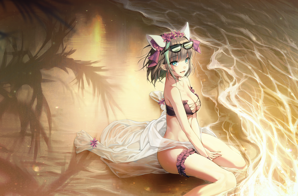Anime picture 2000x1320 with azur lane cheshire (azur lane) cheshire (summery date!) (azur lane) yampa single looking at viewer fringe highres short hair breasts open mouth light erotic black hair smile large breasts sitting animal ears outdoors blunt bangs :d