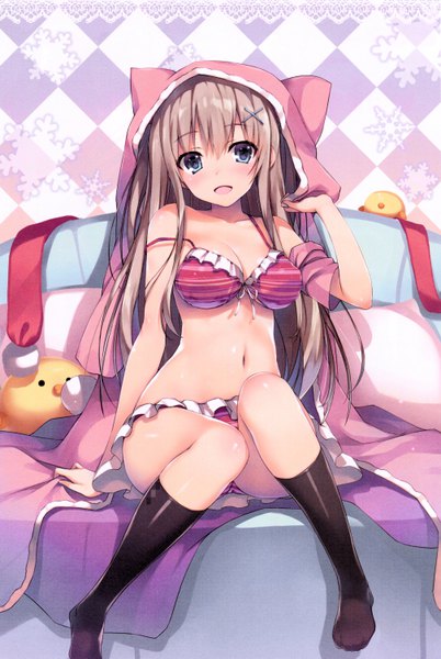 Anime picture 4032x6021 with original tomose shunsaku single long hair tall image looking at viewer blush fringe highres open mouth blue eyes light erotic smile hair between eyes brown hair sitting absurdres :d arm up scan