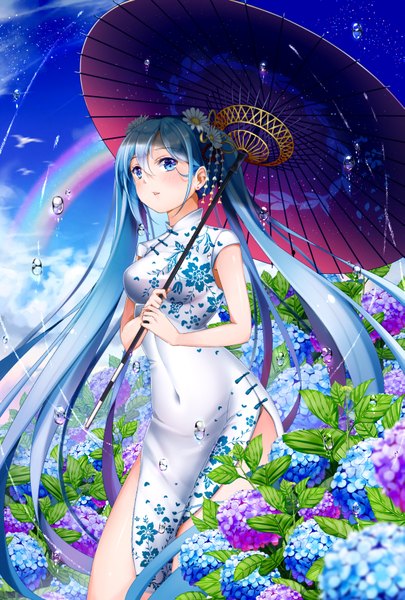 Anime picture 1181x1748 with vocaloid hatsune miku douya (233) douyacai mamemena single tall image blush open mouth blue eyes twintails sky cloud (clouds) very long hair traditional clothes hair flower aqua hair chinese clothes rain girl