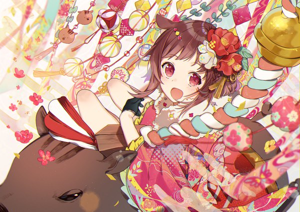 Anime picture 4086x2889 with original omutatsu single looking at viewer blush highres short hair open mouth smile red eyes brown hair sitting absurdres traditional clothes :d japanese clothes hair flower from above new year zodiac