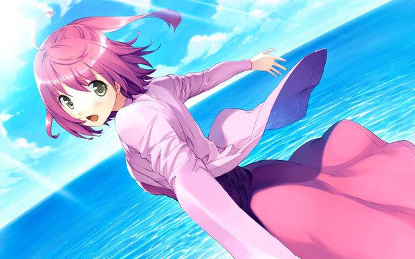 Anime picture 1024x640 with akizora ni mau confetti kanae short hair open mouth wide image green eyes game cg red hair girl dress