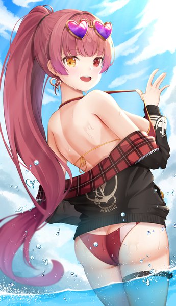 Anime picture 1104x1920 with virtual youtuber hololive houshou marine houshou marine (summer) lancheu single long hair tall image blush fringe breasts open mouth light erotic red eyes standing yellow eyes payot sky cloud (clouds) outdoors
