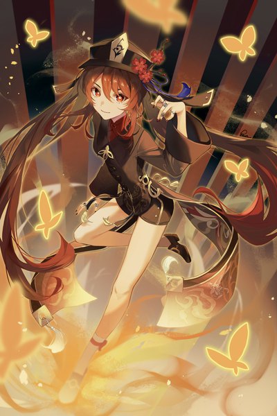 Anime picture 2040x3060 with genshin impact hu tao (genshin impact) kawausoman single long hair tall image fringe highres smile hair between eyes red eyes brown hair twintails bent knee (knees) nail polish from above girl hat insect butterfly