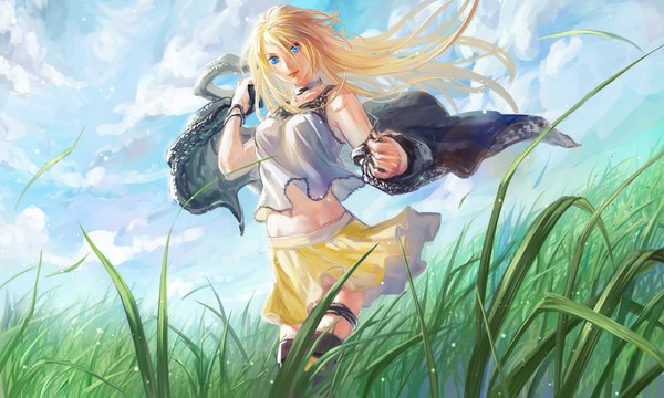 Anime picture 1000x600 with vocaloid lily (vocaloid) yamakawa umi single long hair looking at viewer breasts blue eyes blonde hair wide image standing sky cloud (clouds) wind lips open clothes open jacket bare belly alternate costume glow