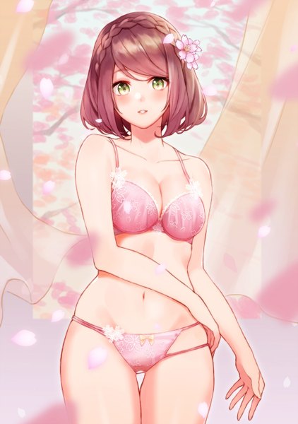 Anime picture 914x1300 with original retsuna single tall image looking at viewer blush fringe short hair breasts light erotic brown hair standing bare shoulders green eyes payot indoors braid (braids) parted lips hair flower wind