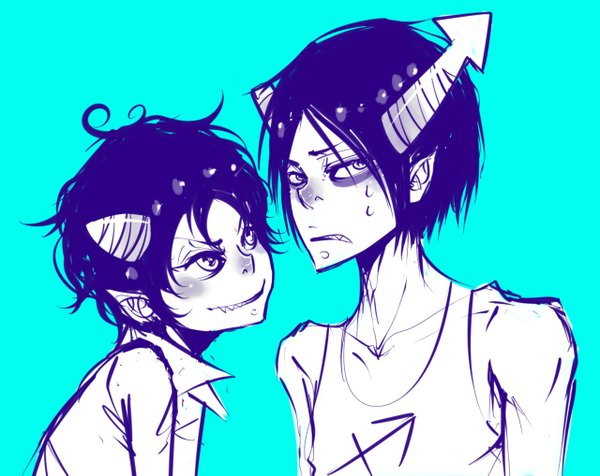 Anime picture 1280x1017 with homestuck nepeta leijon equius zahhak spazmaggot blush short hair simple background smile bare shoulders horn (horns) pointy ears multiple boys monochrome blue background boy 2 boys