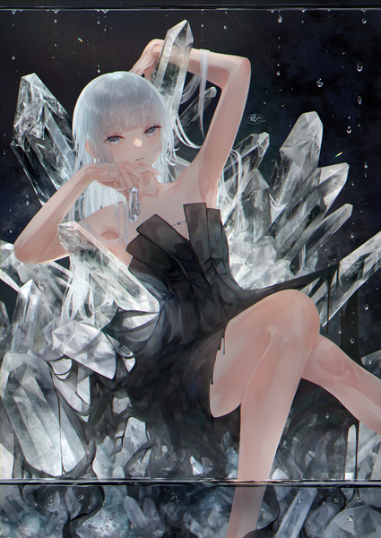 Anime picture 2006x2833 with original nyaon oekaki single long hair tall image looking at viewer fringe highres simple background sitting signed silver hair bent knee (knees) blunt bangs parted lips arms up armpit (armpits) black background silver eyes anaglyph
