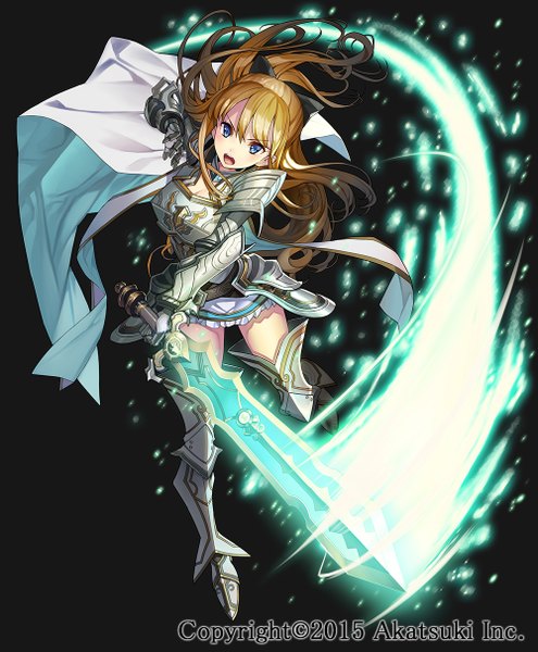 Anime picture 1000x1210 with original gaou (umaiyo puyoman) single long hair tall image blush fringe open mouth blue eyes blonde hair simple background holding ponytail screaming glowing weapon girl gloves weapon sword elbow gloves