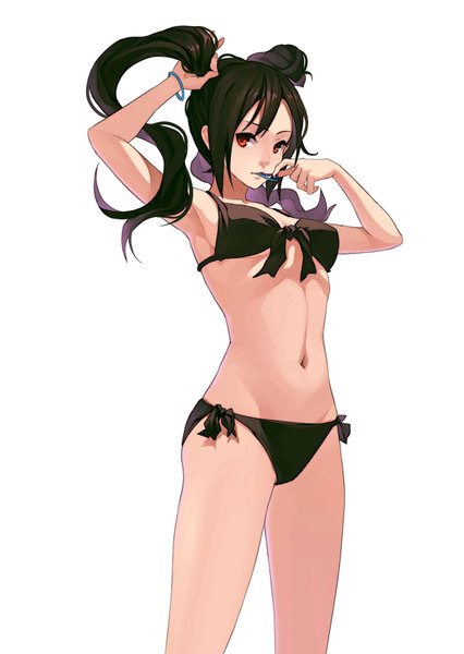 Anime picture 1240x1748 with original fkey single long hair tall image looking at viewer light erotic simple background red eyes brown hair standing white background twintails bare shoulders armpit (armpits) mouth hold girl navel swimsuit bracelet