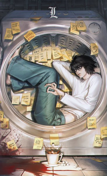 Anime picture 1764x2895 with death note madhouse l (death note) jnkku single tall image fringe highres short hair black hair hair between eyes holding full body barefoot black eyes character names blood stains boy food sweets