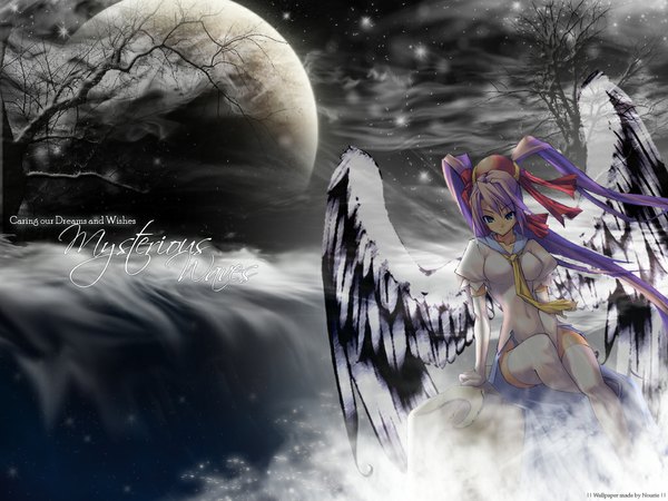 Anime picture 1024x768 with mushihime-sama reco shingo (missing link) nourie single looking at viewer fringe hair between eyes sitting signed purple hair cloud (clouds) very long hair wind arm support wallpaper puffy sleeves covered navel side slit black wings