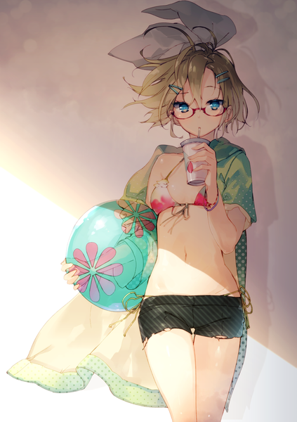 Anime picture 1200x1700 with vocaloid kagamine rin yatsuha (hachiyoh) single tall image looking at viewer fringe short hair blue eyes blonde hair hair between eyes holding wind shadow against wall drinking bespectacled girl bow hair bow