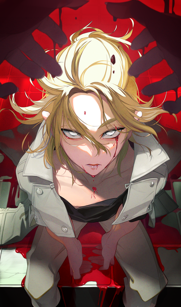 Anime picture 887x1500 with tokyo revengers sano manjirou heizei img tall image looking at viewer short hair blonde hair sitting from above solo focus half updo clothes on shoulders blood on face white eyes boy blood hands