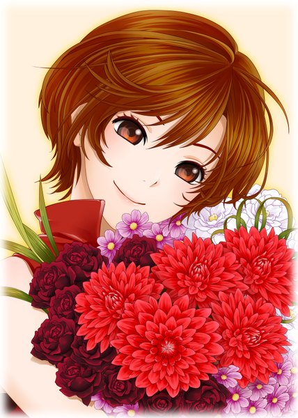 Аниме картинка 1250x1750 с вокалоид мэйко jirou (asami0512jump) один (одна) высокое изображение смотрит на зрителя короткие волосы улыбка каштановые волосы карие глаза девушка цветок (цветы) букет
