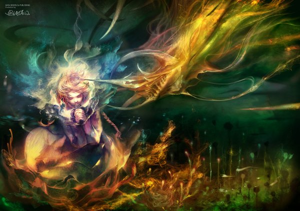Anime picture 1280x904 with original blazewu blonde hair braid (braids) eyes closed horn (horns) kneeling magic fantasy praying girl fire robe
