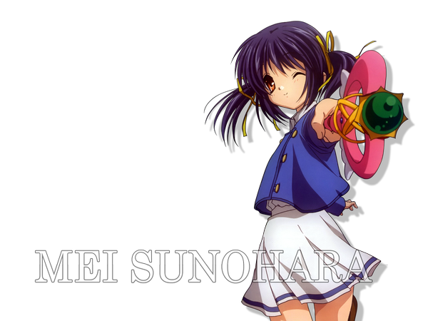 Anime picture 1600x1200 with clannad key (studio) sunohara mei single looking at viewer short hair smile standing twintails purple hair one eye closed wink character names short twintails spread arms transparent background girl skirt ribbon (ribbons) hair ribbon