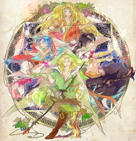 Anime picture 1200x1242 with magi the labyrinth of magic a-1 pictures judal aladdin (magi) scheherazade (magi) yunan tagme (artist) long hair tall image blue eyes black hair blonde hair smile red eyes brown hair sitting holding green eyes blue hair braid (braids)