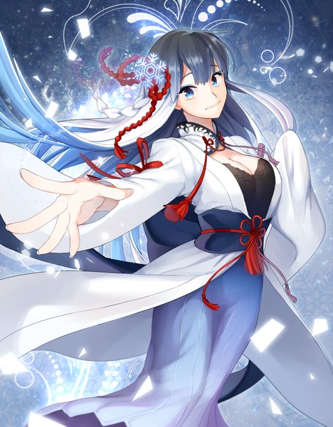 Anime picture 1000x1280 with original kakon single long hair tall image looking at viewer blue eyes black hair white hair traditional clothes japanese clothes multicolored hair wide sleeves snowing gradient hair outstretched hand girl hair ornament kimono obi