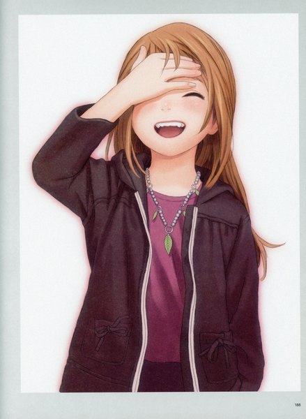 Anime picture 5092x6966 with futurelog (artbook) range murata single long hair tall image highres open mouth blonde hair smile brown hair absurdres upper body eyes closed scan teeth border ^ ^ hand on face ^o^ girl