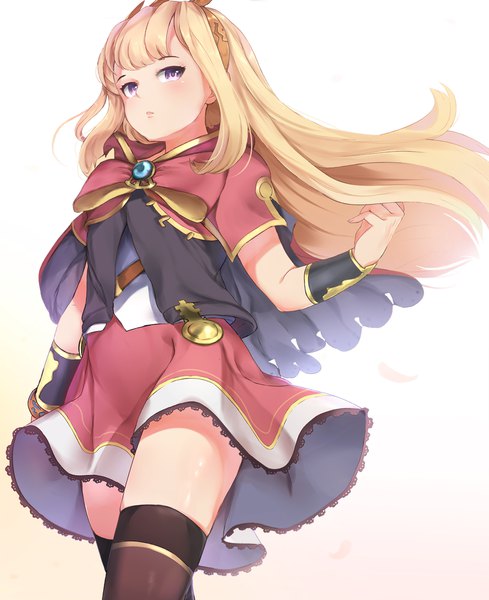 Anime picture 1629x2000 with granblue fantasy cagliostro (granblue fantasy) somray single long hair tall image looking at viewer blush fringe blonde hair simple background purple eyes blunt bangs wind from below thighs girl thighhighs dress black thighhighs