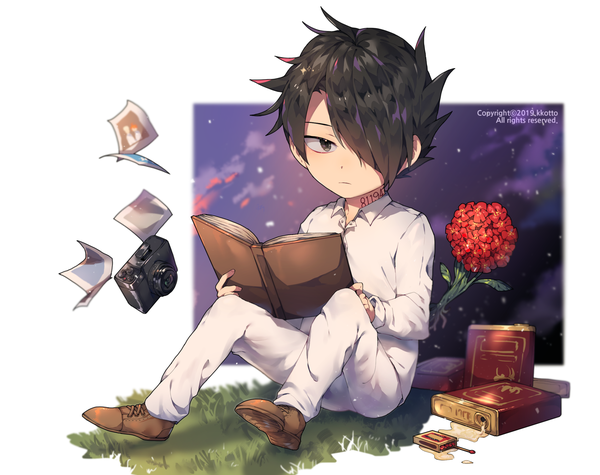 Anime picture 2280x1805 with yakusoku no neverland cloverworks ray (yakusoku no neverland) kkotto single looking at viewer fringe highres black hair hair between eyes white background sitting holding signed cloud (clouds) full body bent knee (knees) black eyes night tattoo