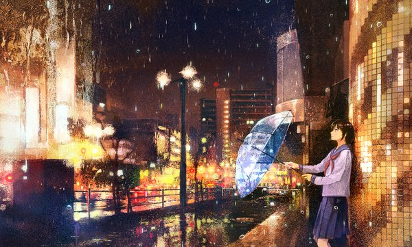 Anime-Bild 1300x784 mit original gemi single fringe short hair brown hair wide image holding looking away profile pleated skirt night wet night sky city reflection rain cityscape city lights against wall