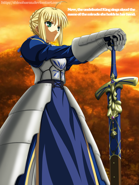 Anime picture 6000x8000 with fate (series) fate/stay night studio deen type-moon artoria pendragon (all) saber shinoharaa (artist) single tall image highres short hair blonde hair green eyes absurdres sky cloud (clouds) ahoge inscription coloring girl