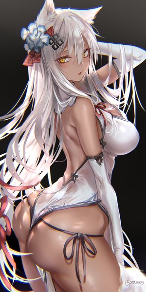 Anime picture 2000x4000 with girls frontline m590 (girls frontline) pottsness single tall image blush fringe highres breasts open mouth light erotic simple background hair between eyes large breasts standing signed animal ears yellow eyes silver hair ass