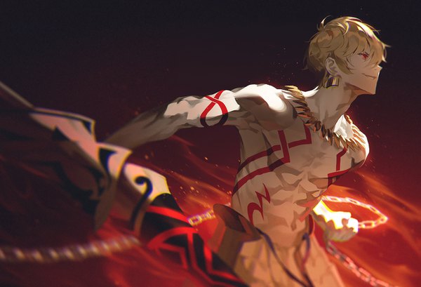 Anime picture 1319x900 with fate (series) fate/stay night gilgamesh (fate) fajyobore single fringe short hair blonde hair smile hair between eyes red eyes looking away profile tattoo dark background muscle abs shirtless boy weapon