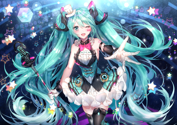 Anime picture 3508x2480 with vocaloid magical mirai (vocaloid) hatsune miku magical mirai miku magical mirai miku (2019) kity1211 tetsu single looking at viewer highres open mouth twintails absurdres very long hair one eye closed aqua eyes aqua hair outstretched hand girl thighhighs gloves