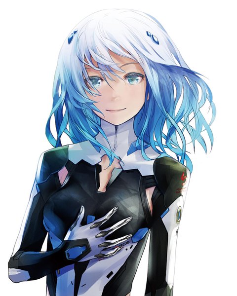 Anime picture 1000x1250 with beatless leicia redjuice single long hair tall image looking at viewer highres blue eyes simple background white background blue hair multicolored hair light smile girl bodysuit