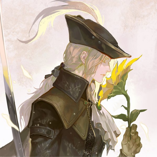 Anime-Bild 1000x1000 mit bloodborne from software lady maria of the astral clocktower agong single long hair holding silver hair upper body eyes closed profile low ponytail sniffing girl gloves flower (flowers) weapon hat sword ascot