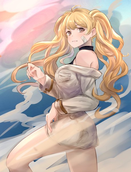 Anime picture 1074x1400 with granblue fantasy monica (granblue fantasy) renzu (lens 02) single long hair tall image looking at viewer blush fringe breasts blonde hair standing twintails brown eyes ahoge blunt bangs long sleeves wind off shoulder bandaid on face