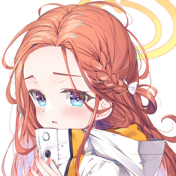 Anime picture 1000x1000 with blue archive yuzu (blue archive) bucchake (asami) single long hair looking at viewer blush blue eyes simple background white background upper body braid (braids) orange hair portrait messy hair fingers together girl halo