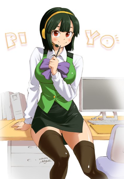 Anime picture 1000x1442 with idolmaster otonashi kotori nekoguchi single tall image looking at viewer blush fringe short hair breasts light erotic smile red eyes large breasts green hair mole arm support mole under mouth office girl