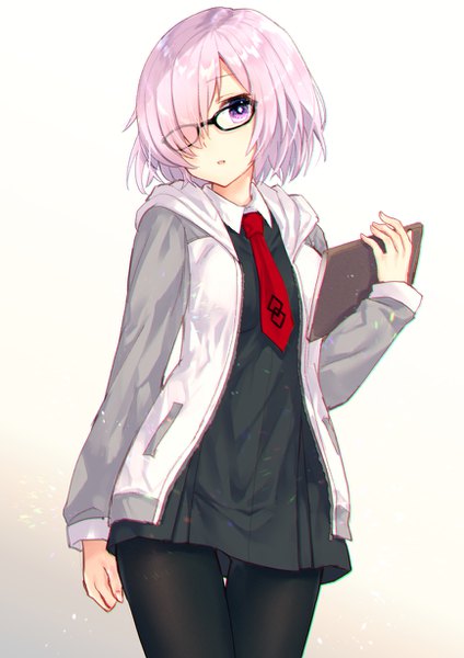 Anime picture 868x1228 with fate (series) fate/grand order mash kyrielight nunucco single tall image looking at viewer blush fringe short hair simple background smile standing white background purple eyes holding pink hair long sleeves parted lips head tilt