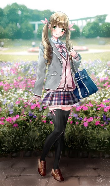 Anime picture 1080x1833 with original kazuharu kina single long hair tall image looking at viewer blush fringe blonde hair standing twintails green eyes signed full body outdoors blunt bangs long sleeves head tilt pleated skirt blurry