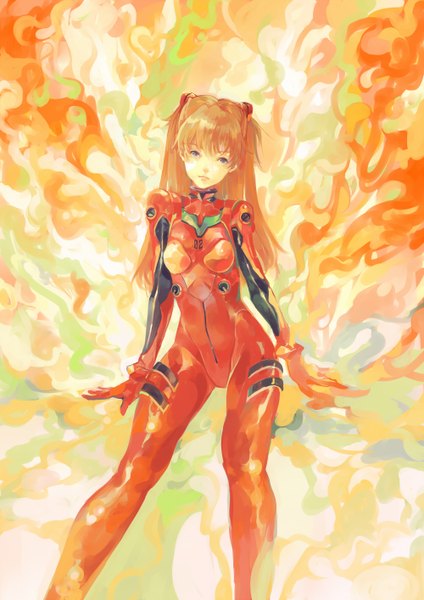 Anime picture 1000x1414 with neon genesis evangelion rebuild of evangelion evangelion: 2.0 you can (not) advance evangelion: 3.0 you can (not) redo gainax soryu asuka langley reina (artist) single long hair tall image looking at viewer fringe blue eyes orange hair girl fire pilot suit